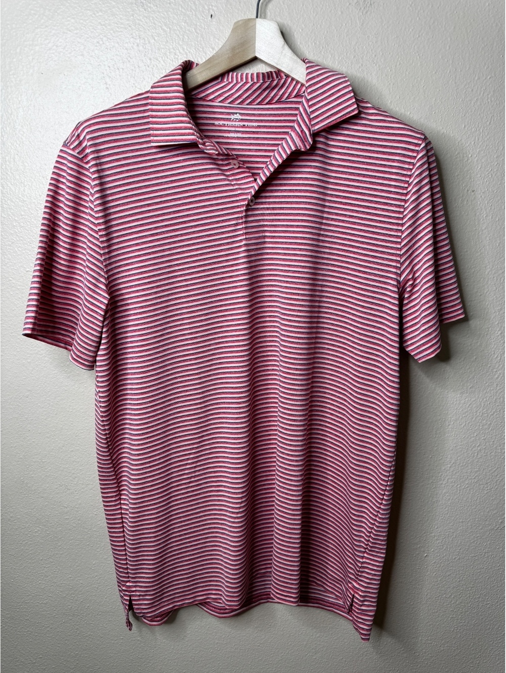 Southern Tide Polo Shirt Men's Large Red Gray Striped Short Sleeve Golf